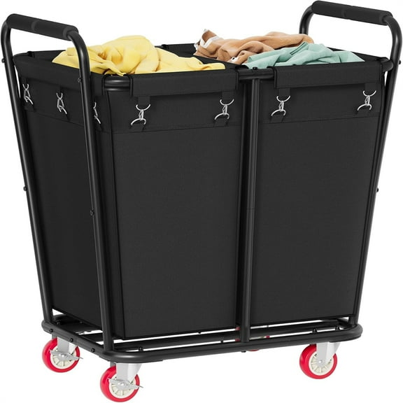 2 Section Laundry Sorter Cart, 300L Rolling Hamper with Wheels, Industrial Laundry Basket Organizer, Large Dirty Clothes Hamper for Home & Hotel, Heavy Duty, Black