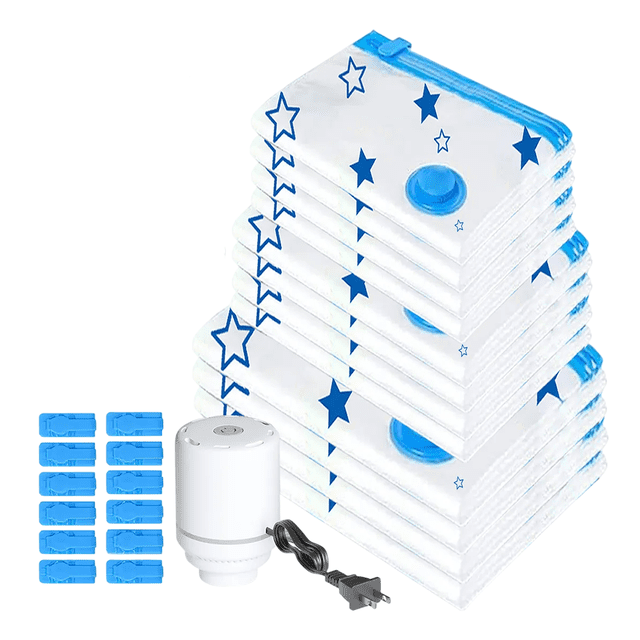 Bolsas De Vacío Bloosom Para Ropa Con Bomba Eléctrica, 12 Pzs Blanco/Azul