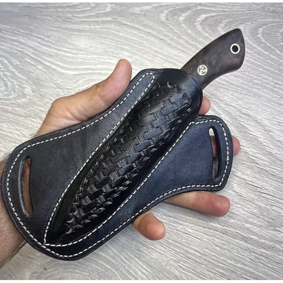 Handmade Leather Fixed Blade Knife Sheath for Belt, 4.5 inch BladeLength, 1.5 inch Width, Cross Draw Right Side Carry, Open Top, EDC Tools Holster ( Black )