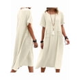 thumbnail image 2 of Womens Loose Fit Casual Linen Blend Solid Color Round Neck Short Sleeve Midi Dress Beach Khaki XL, 2 of 7