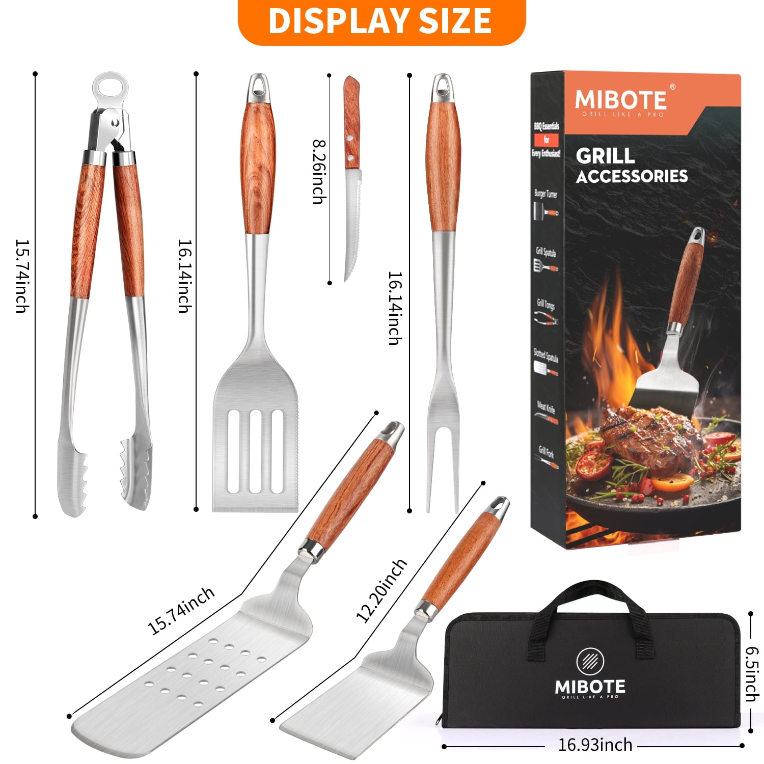 Heavy-Duty Rose Wooden BBQ Grilling Tools Set. Extra Thick Stainless Steel Multi-Function Spatula, Fork & Tongs | Essential Accessories with Organizer Bag for Barbecue & Grill. Ideal Gift for Father