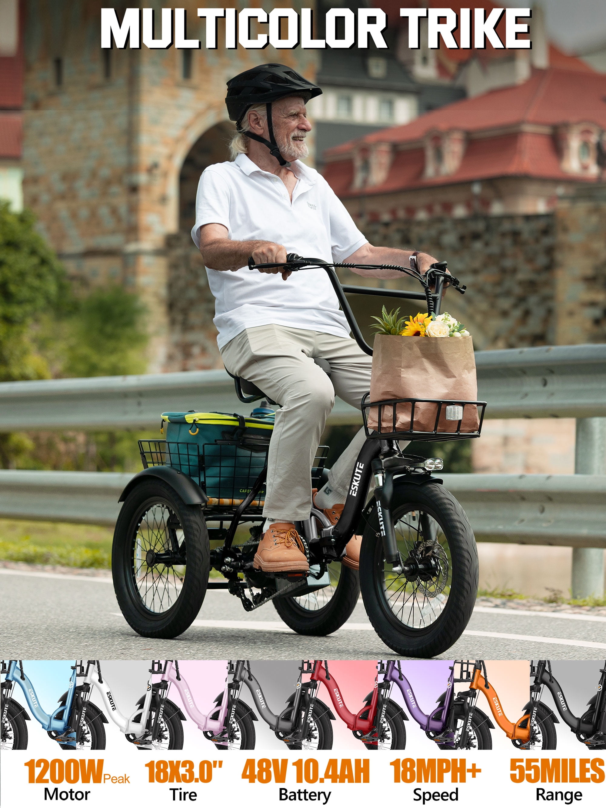 ESKUTE Adult E Trike Electric Tricycle – 750W Brushless Motor, 18+ MPH, Fat Tires, Foldable Step-Thru 3-Wheel E-Bike, Up to 55 Miles, Black with Phone Holder Bag, Mirrors & Lock