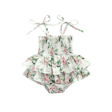 

Suanret Toddler Baby Girls Summer Ruched Rompers Floral Print Tie-Up Spaghetti Strap Layered Dress with Snap Buttons Green 6-12 Months