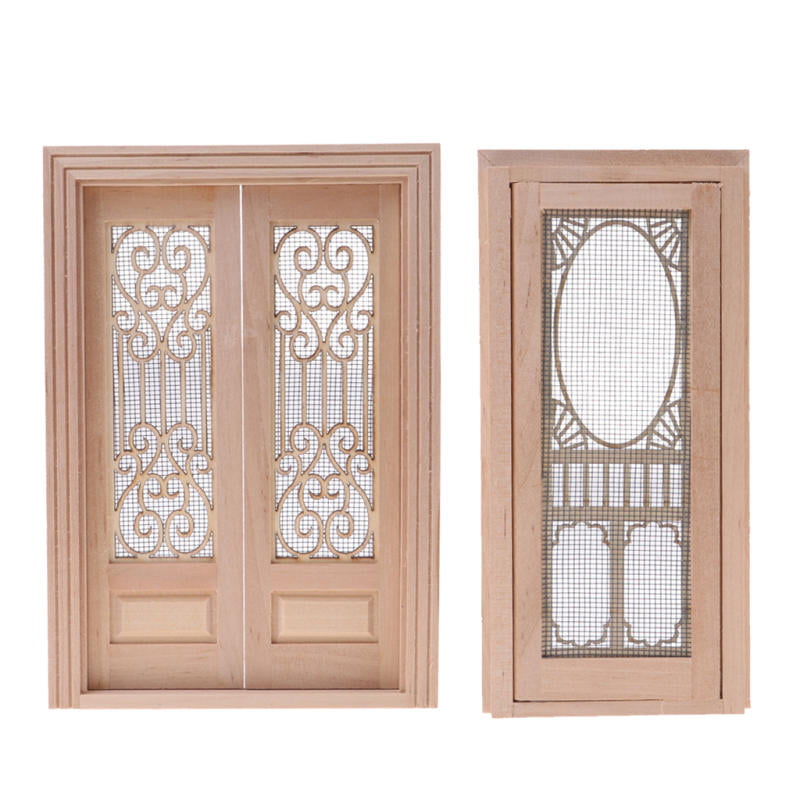 2 Pcs 1/12 Dollhouse Miniature Wooden External Hollow Screen Door Unpainted 