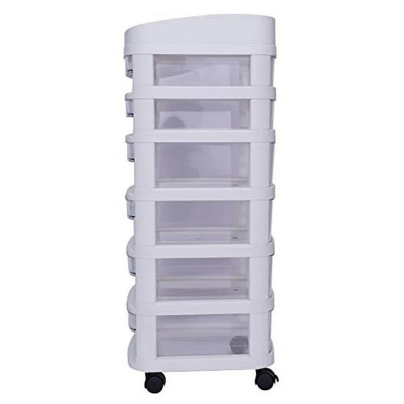 7 Tiers White Cart Storage Tower with 6 Clear Drawers, 6 Wide Storage Drawer Cart Wide Chest Plastic 6 Drawers Medium Cart with 4  Wheels, 34.2"H x 14.1"D x 11.8" W