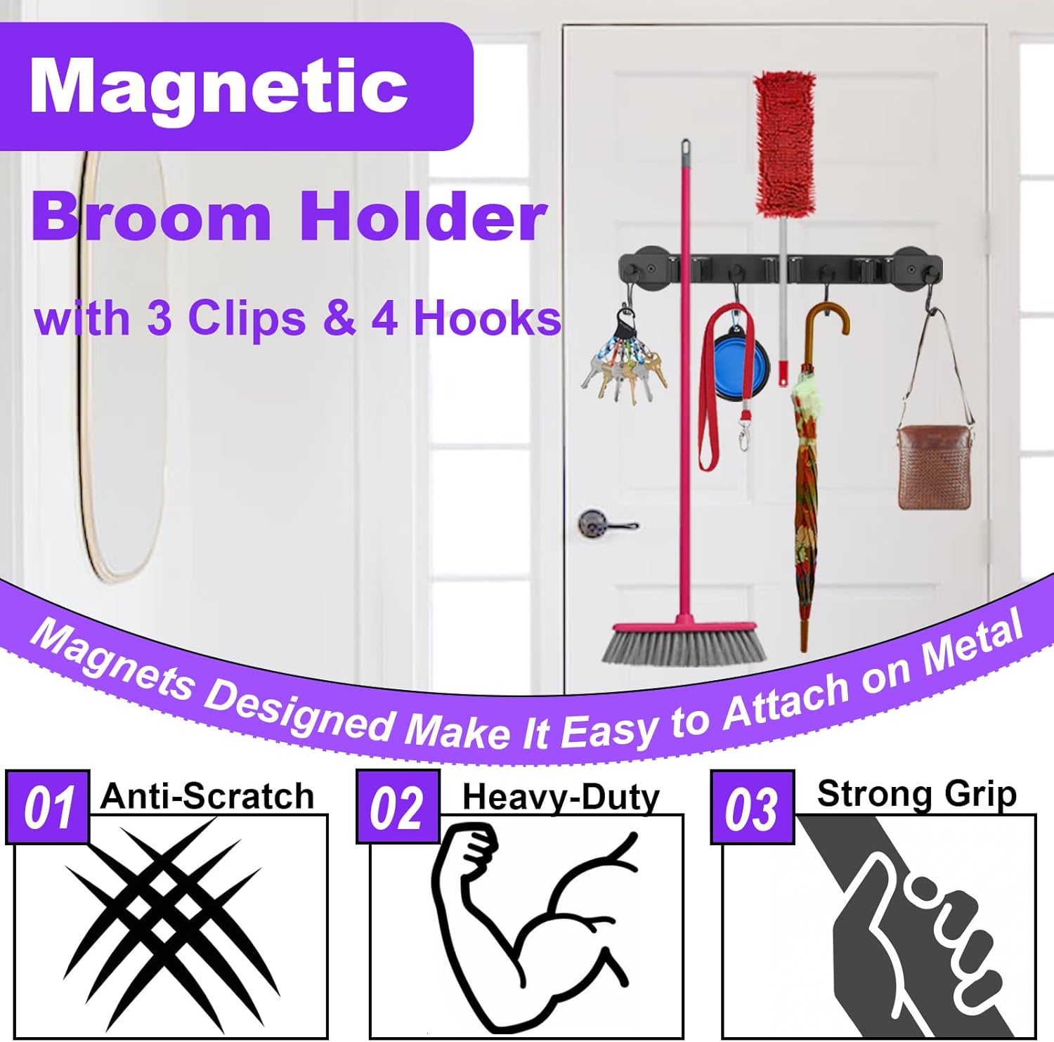 Magnetic Mop Broom Holder, Heavy Duty Magnetic Mop Hanger with Swivel Hooks for Cleaning Tools, Strong Magnet Mount Tool Hanger Organize System Utility Rack for Refrigerators Laundry Garage