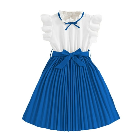 Dress for Girls Kids Color Block Flutter Sleeve Korean Style Pleated Skirt Princess Dress Dresses for Girls Blue 9-10Y