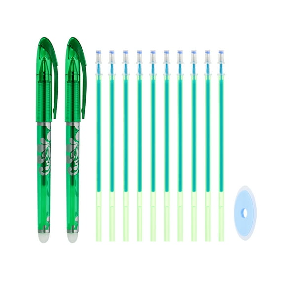 2Pack Erasable Gel Pens with 10 Refills & 1 Eraser, 0.5mm Heat Erasable Pens for Fabric Green Ink Fabric Markers for Sewing Quilting Planner Writing