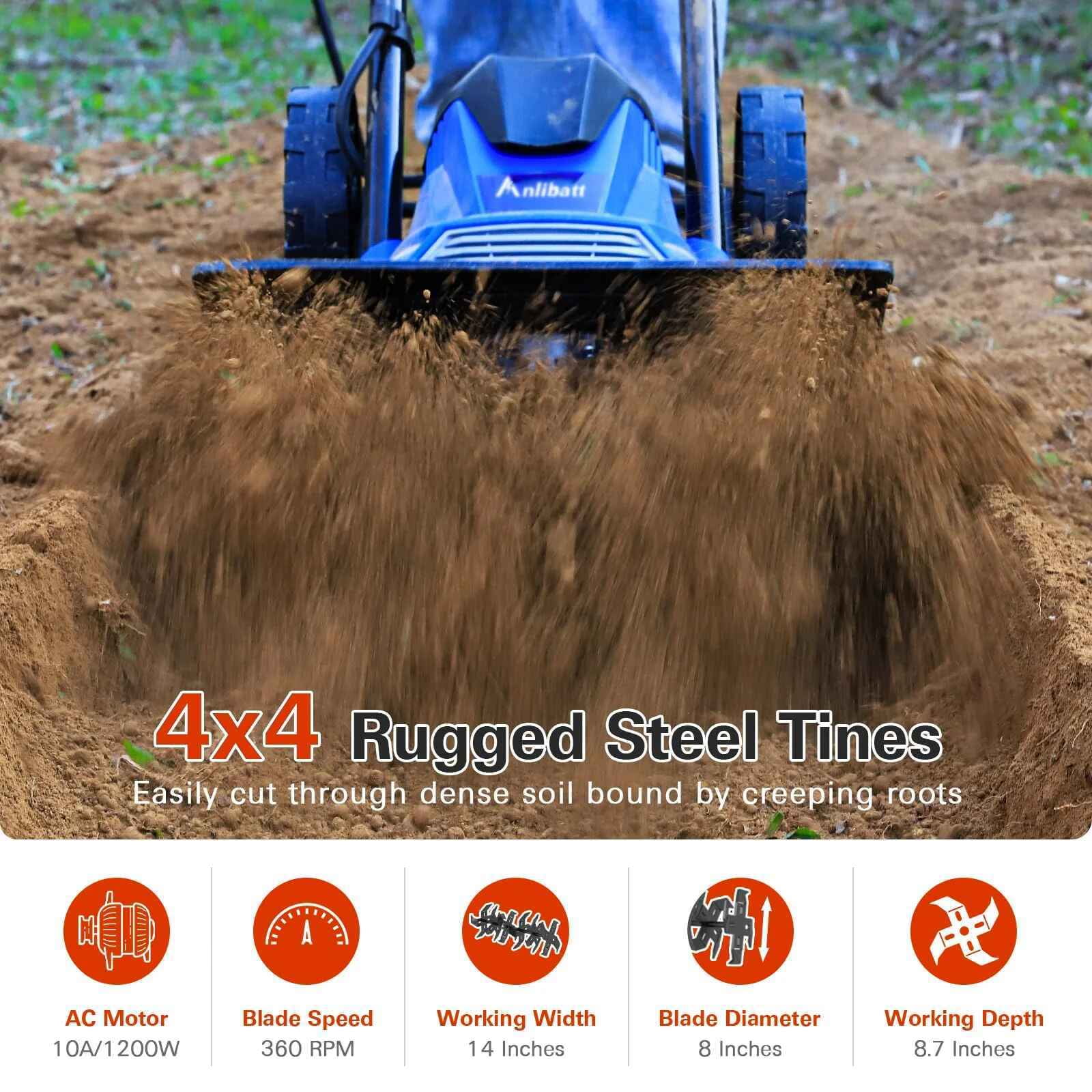 ANLIBATT Corded Electric Tille 14 in Cultivator 120V 10 Amp Electric Tiller 4 Steels 8.7 Tilling Depth with Adjustable Wheels for Gardening Soil Digging