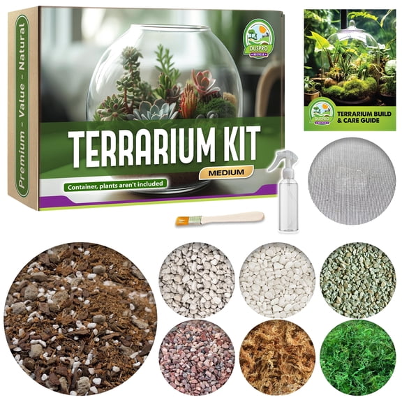 DUSPRO Recycle Terrarium Starter Kit, Coco Coir, Peat Moss, Pine Bark, Perlite, Pumice, Mesh Barrier, Care Tools, Guide Book, DIY Terrarium Kit for Kids, Air Plant, Succulent (Medium)