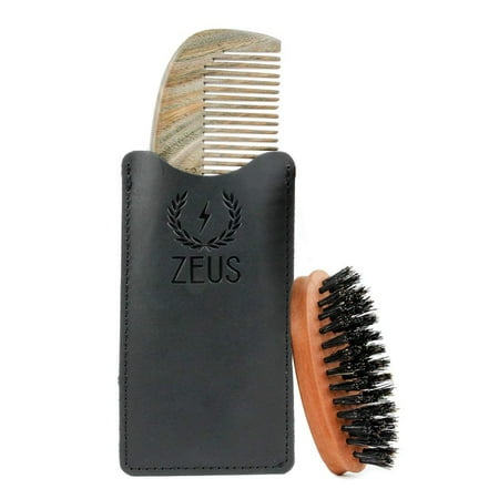 Zeus Organic Sandalwood Beard Comb + Zeus Pocket Boar Bristle Beard Brush - Men's Grooming Kit for