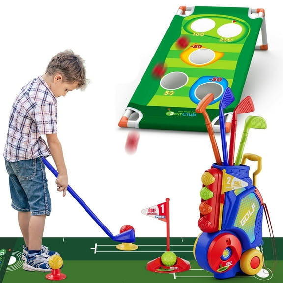 JBee Ctrl 2 in 1 Toddler Golf Set Kids Golf Clubs Set with 8 Balls, Cornhole Board & Putting Mat Kids Golf Toys Set Golf Game Indoor Outdoor Sport Toys Gift for Boys Girls 3 4 5 6 Years Old, Blue
