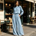thumbnail image 6 of Szluipve 2 Piece Sets for Women Velvet 2 Piece Matching Outfit High Neck Pleated Long Sleeve Blouse Top & High Waist Wide Leg Palazzo Pants Elegant Party Set with Pockets Sky Blue XL, 6 of 9