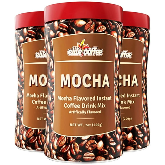Elite Instant Coffee Mocha Flavored Drink Mix 7oz 3 Pack Gluten Free, Resealable Tin Bottle