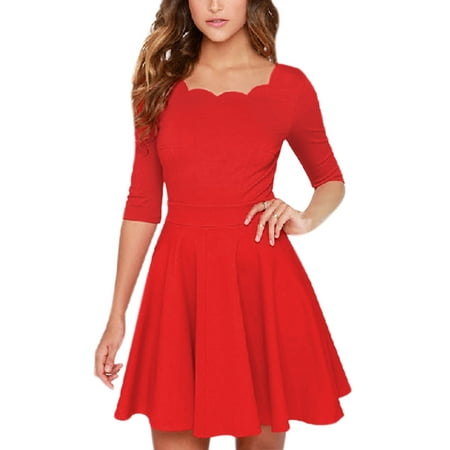 Woman Scalloped Neckline 1/2 Sleeves Tunic Dress Red M - Walmart.com