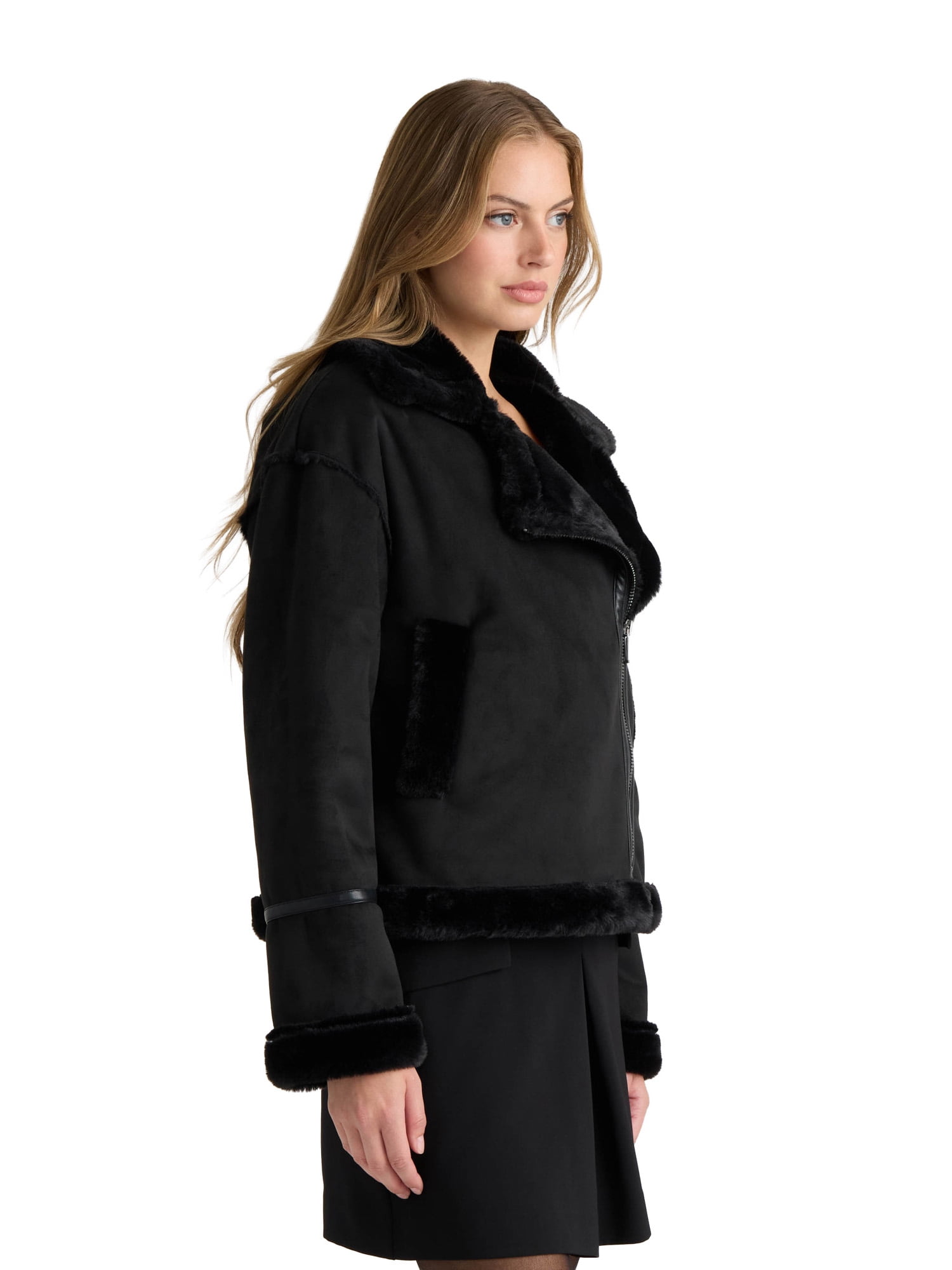 NOVELTI Womens Faux Shearling Short Zip Up Biker Jacket