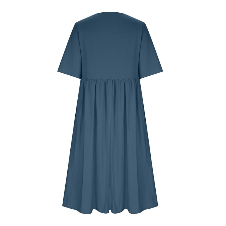 Ayolanni Ankle-Length Womens Summer Dresses Cotton Linen Blue Short Sleeve Dresses Dresses for Girls 5x