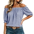 thumbnail image 3 of ClodeEU Women's Plaid Off Shoulder Blouse,Short Puff Sleeve Cropped Casual Summer Top Navy-Plaid ^,Women's Plus S, 3 of 9