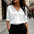 thumbnail image 2 of Silky Satin V Neck Blouse for Women Roll Cuffed 3/4 Sleeve Loose Tunic Shirts Business Casual Tops Lightweight Summer Trendy Outfits White, 2 of 6