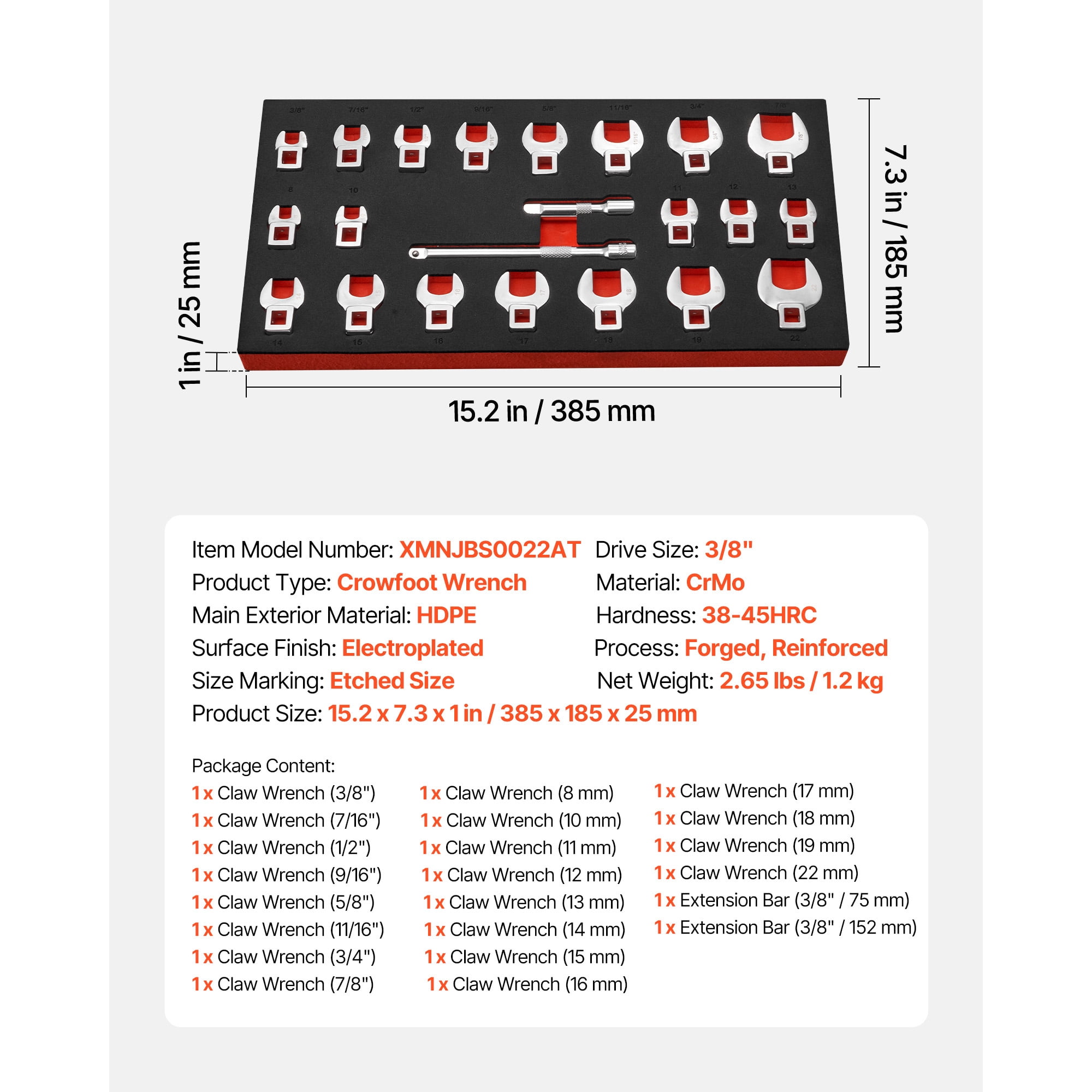 KFFKFF 22-Piece Crowfoot Wrench Set, 3/8" Drive, Metric and SAE Sizes, Cr-Mo Alloy Steel, Includes Storage Tray, Dual Markings on Tools and Tray, Ideal for Automotive Maintenance and Repairs
