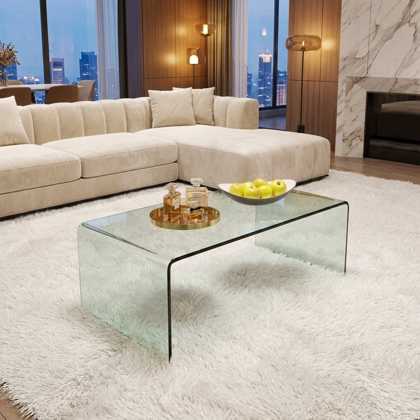 Furnibear Clear Glass Coffee Table, 42.5 Inch Rectangle Tempered Glass Coffee Table with Rounded Edges for Living Room, Transparent