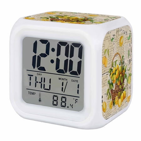 Summer Lemon Digital Alarm Clock for Bedrooms,Smart LED Alarm Clock with 7 Color Night Light,Watercolor Yellow Fruits Botanical Vintage Silent Wake Up Clocks for Sleep Study Cooking 3.2x3.2