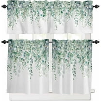 Kitchen Curtain Valance and Tiers Set Green Eucalyptus 3 Pc Window Treatment Watercolor Leaves 3 Pieces Rod Pocket Valance Set for Small Windows 54 in x 24 in