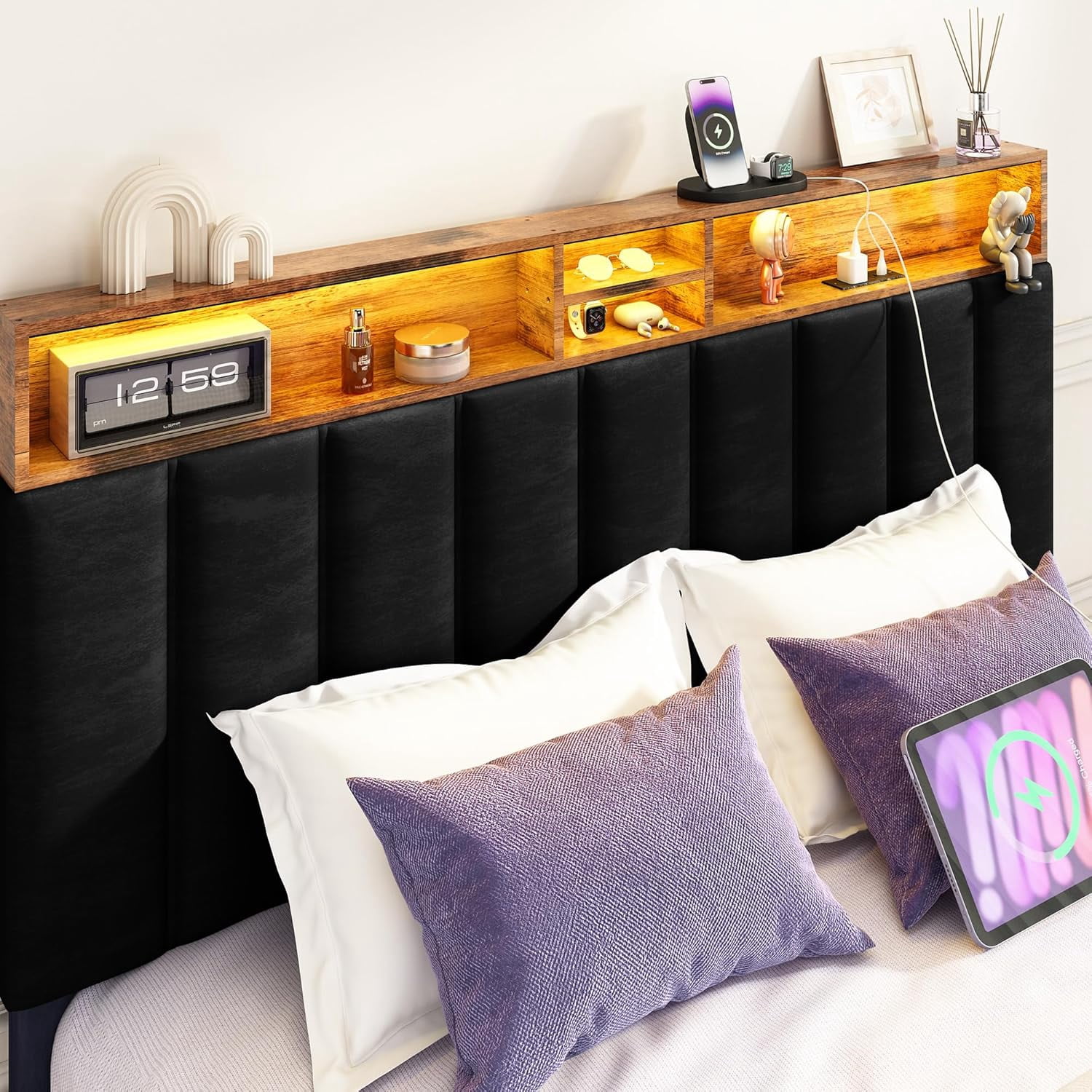 Sersper Queen Size Platform Bed Frame with Storage Upholstered Headboard, Built-in Charging Station & RGB LED Lights, Noise-Free, Easy Assembly, Black