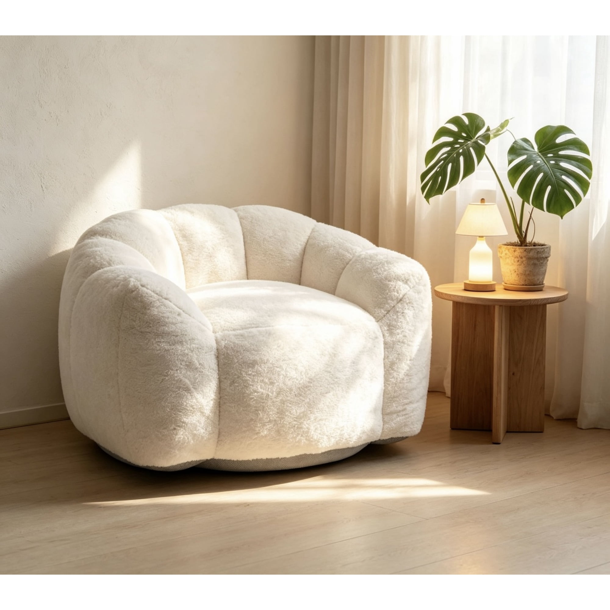 Leumius Large Lazy Sofa Chair, Comfortable Velvet Fabric Large Petal Sofa for Bedroom, Living Room and Gaming Beige
