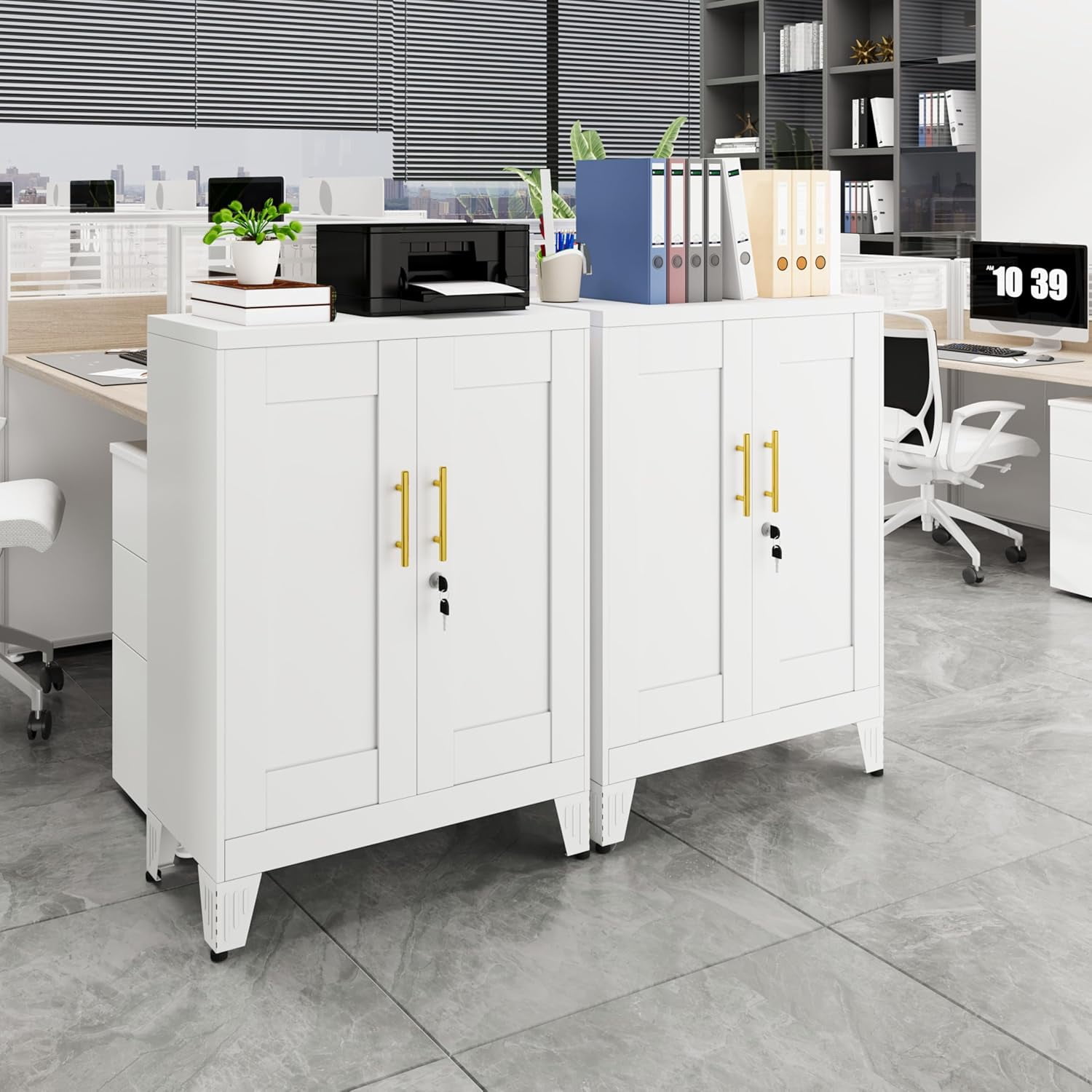 LEHOME 36" White Floor Storage Cabinet, Locked Metal Storage Cabinets with 2 Doors and 2 Adjustable Shelves, Sideboard Buffet Cabient, Freestanding Cabinet for Home/Office/Garage/Tool Room/Bathroom