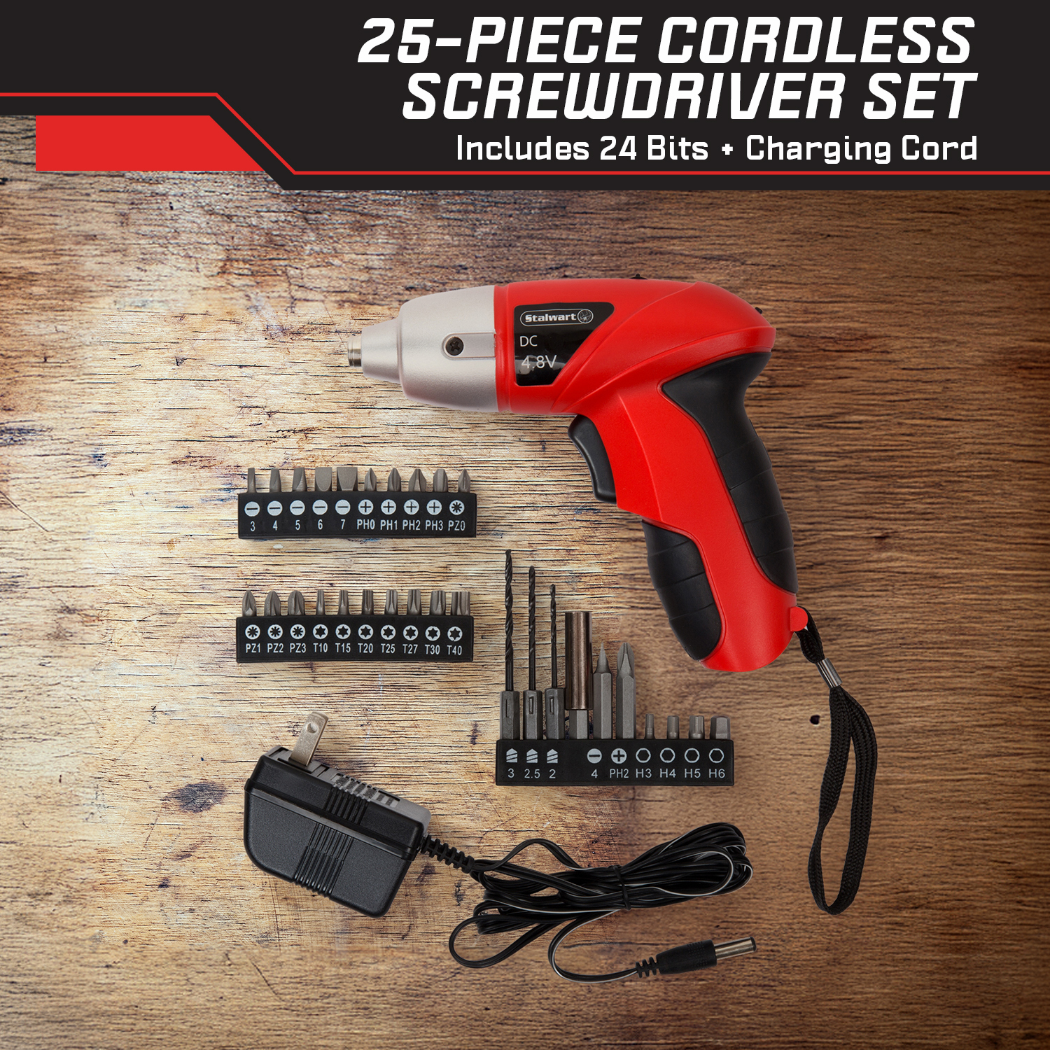 Stalwart 4.8V Cordless Screwdriver Kit, 25-Piece Set Red photo 4