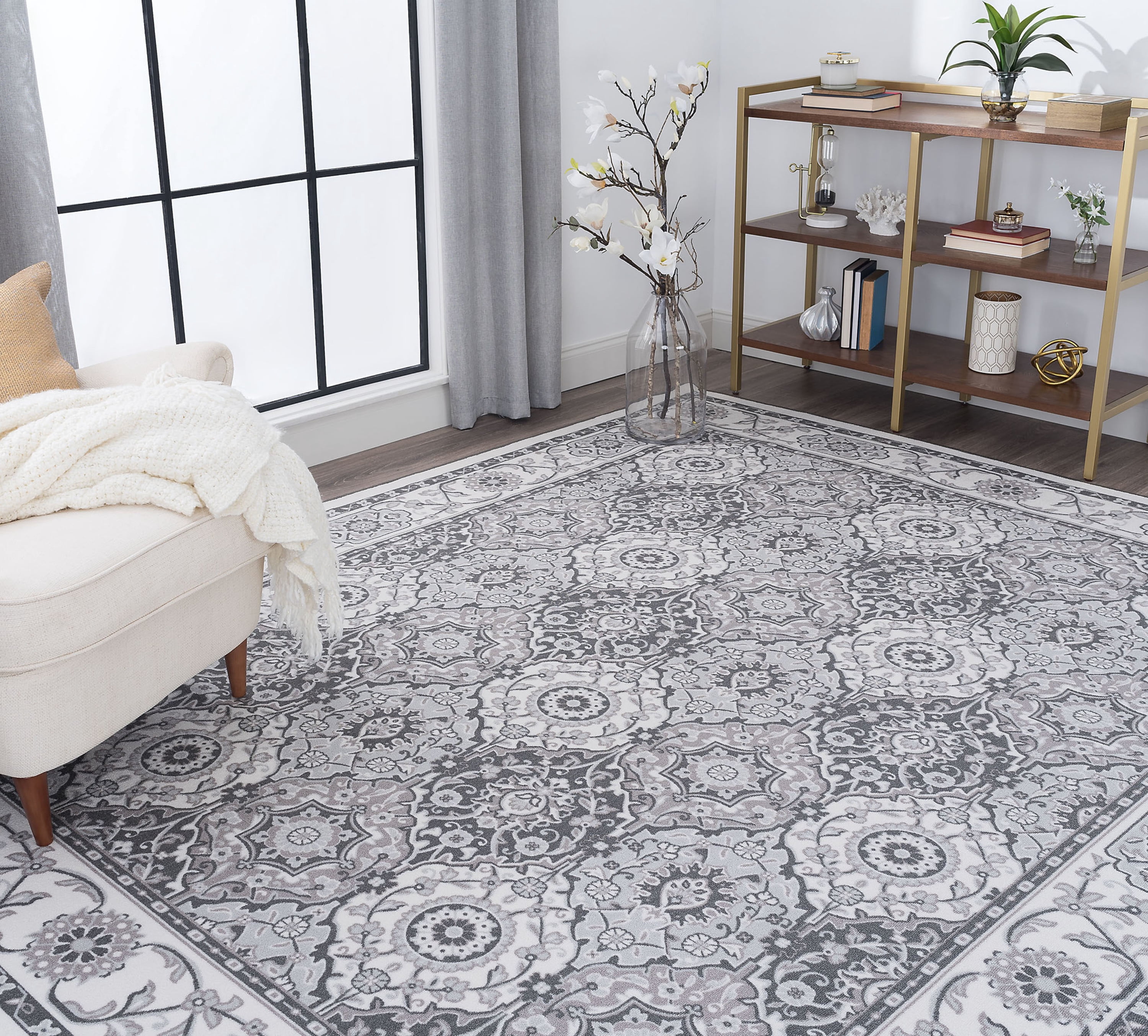 Traditional 7x10 Area Rug (6'7'' x 9'6'') Oriental Ivory, Gray Living Room Easy to Clean