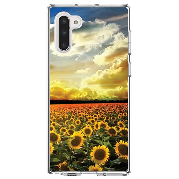 DistinctInk Clear Shockproof Hybrid Case for Samsung Galaxy Note 10 (6.3" Screen) - TPU Bumper, Acrylic Back, Tempered Glass Screen Protector - Green Blue Yellow Sunflowers