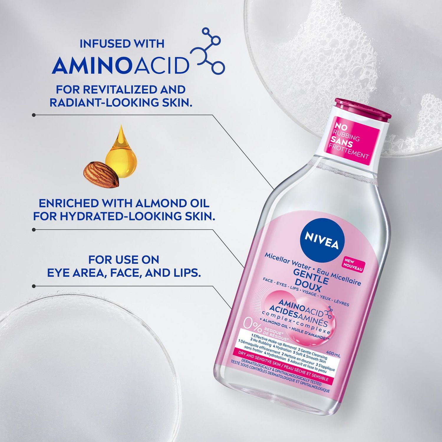 NIVEA Micellar Water Amino Acid Complex for Dry and Sensitive Skin, Cleanser and Makeup Remover, 400 ml, 400 mL