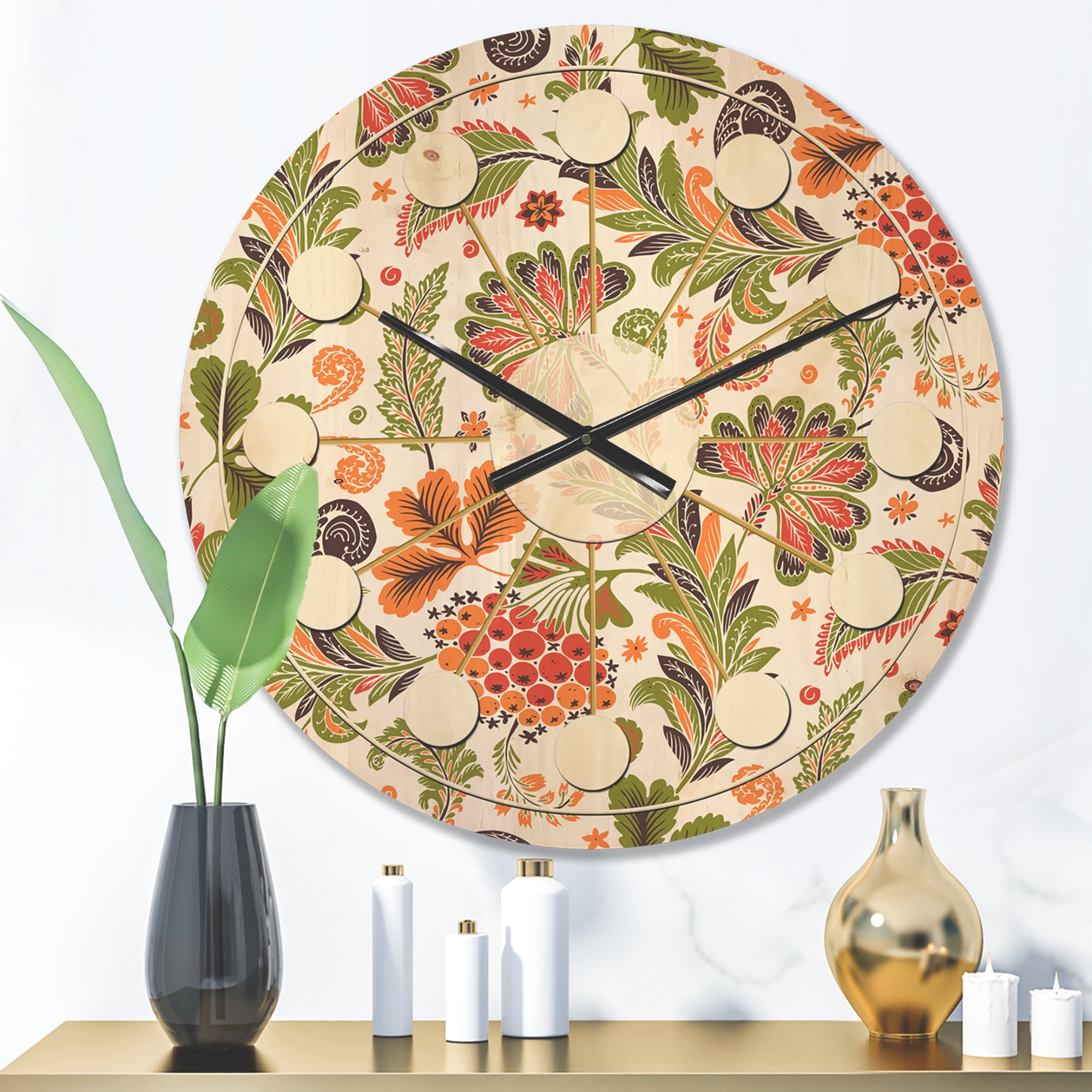 Designart 'Retro Fantasy Flowers On White I' Mid-Century Modern Wood Wall Clock