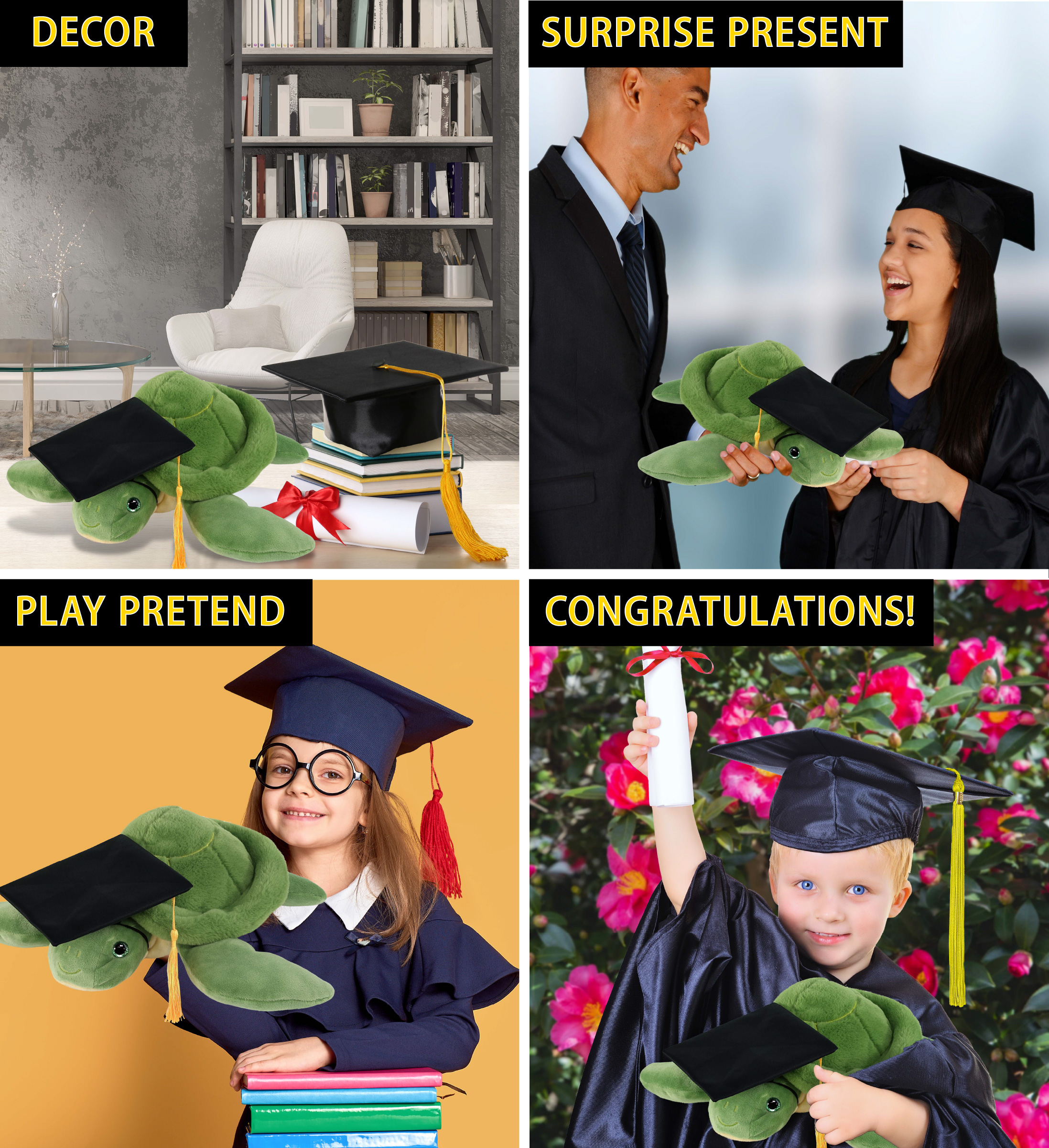 DolliBu Green Sea Turtle Graduation Plush Toy - Super Soft Turtle Graduation Stuffed Animal Dress Up with Graduation Cap with Tassel - Reward Celebration Grad Gift - 13 Inch