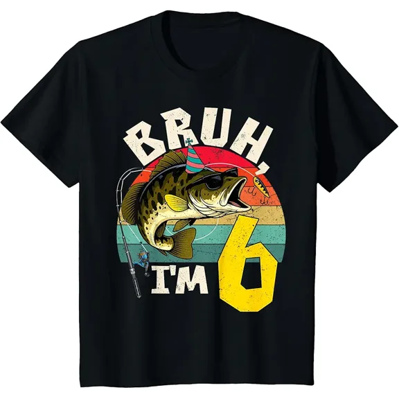 Bruh I'm 6 Years Old Fishing Birthday Theme Party T-Shirt
