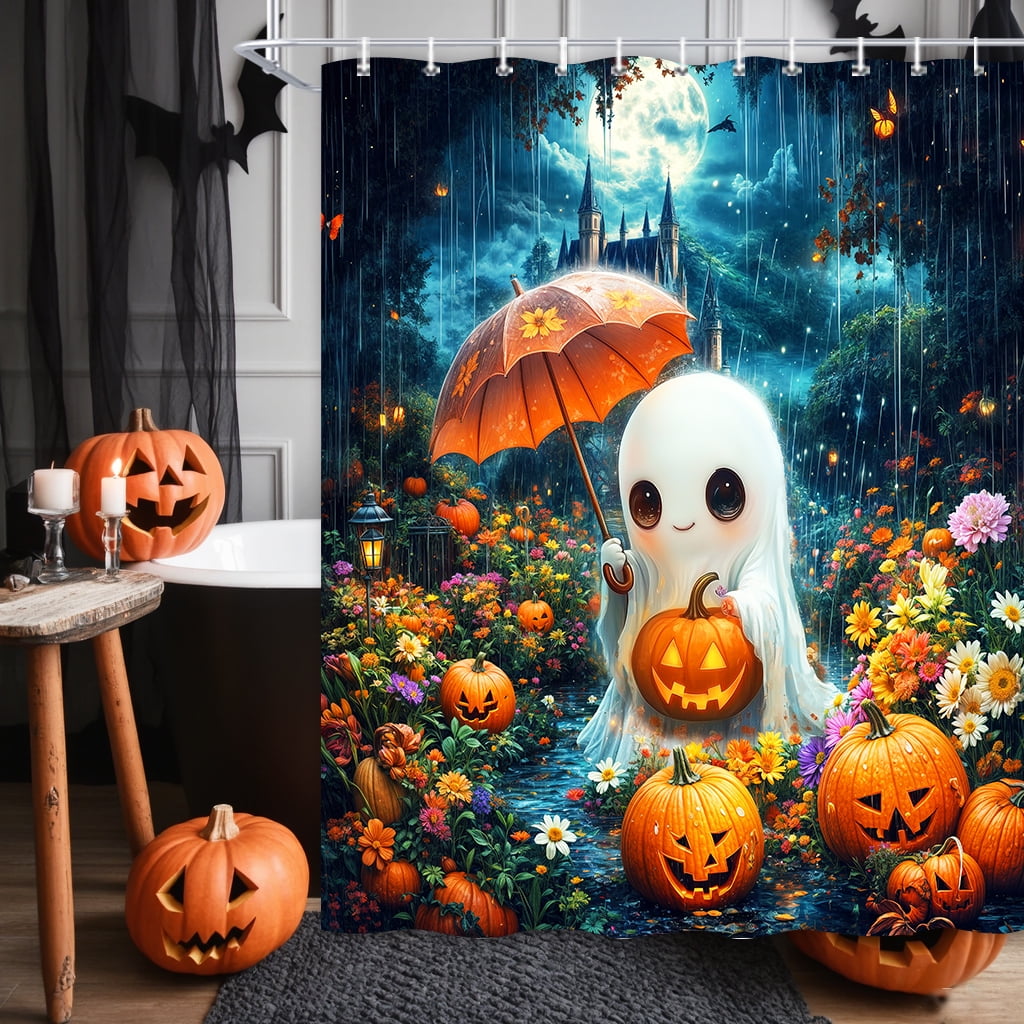 Cute Ghost Halloween Shower Curtain, Funny Watercolor Floral Umbrella Pumpkin Forest Castle Bathroom Decor Curtains, Spooky Night Gothic Waterproof Shower Curtain for Bathroom with Hooks, 70X75in