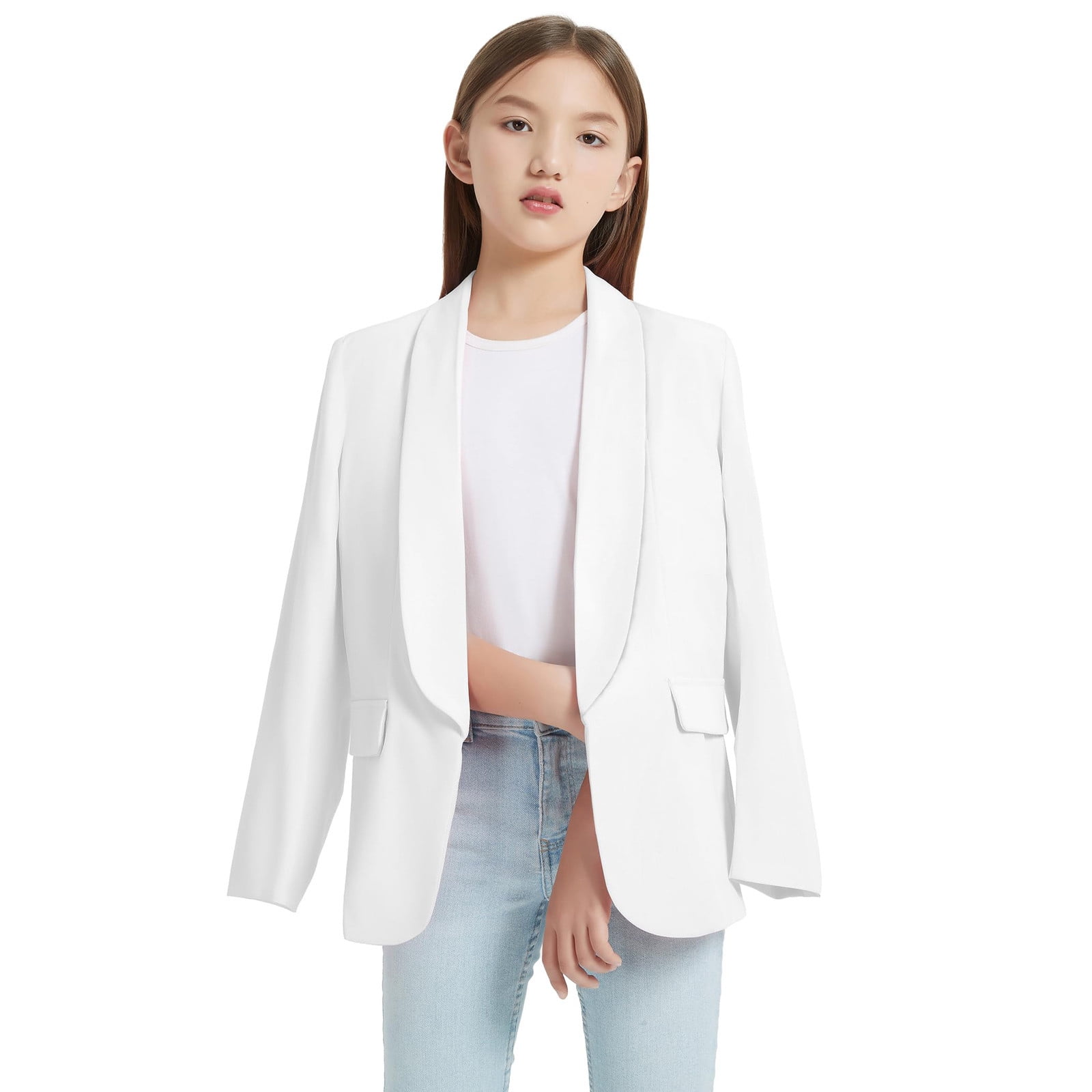RXIRUCGD Fahsion Girls Blazer For 3 14 Years Girls Long Sleeve Turndown Neck Formal Jacket Pocket Top For Kids White Size 110