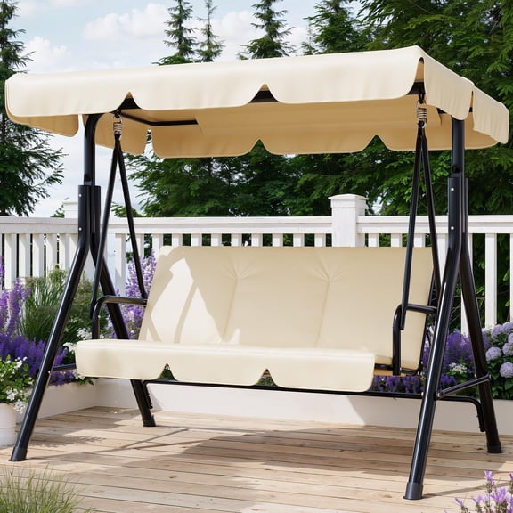 Khika Outdoor Porch Swing with Adjustable Canopy, 3-Seat Patio Swing Chair with Stand, Heavy Duty Outdoor Swing for Adults, Metal Frame Patio Swing for Garden, Backyard & Poolside