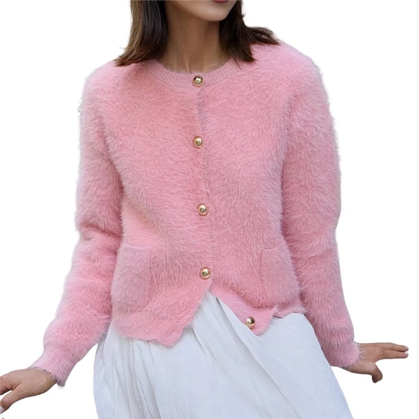 Cárdigan Informal de Mujer, Cuello Redondo, Estilo Holgado y Relajado, Tejido de Punto, Ideal para Salir. Rosa Talla Única