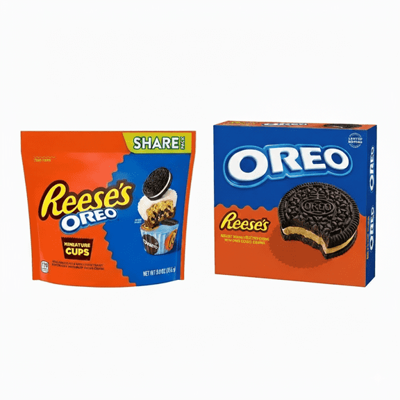 OREO REESE'S Peanut Buttery Creme Chocolate Sandwich Cookies, Limited Edition, 10.81 oz &  Reese's OREO Miniatures Milk Chocolate and White Creme Peanut Butter Cups Candy, Share Pack 9 oz