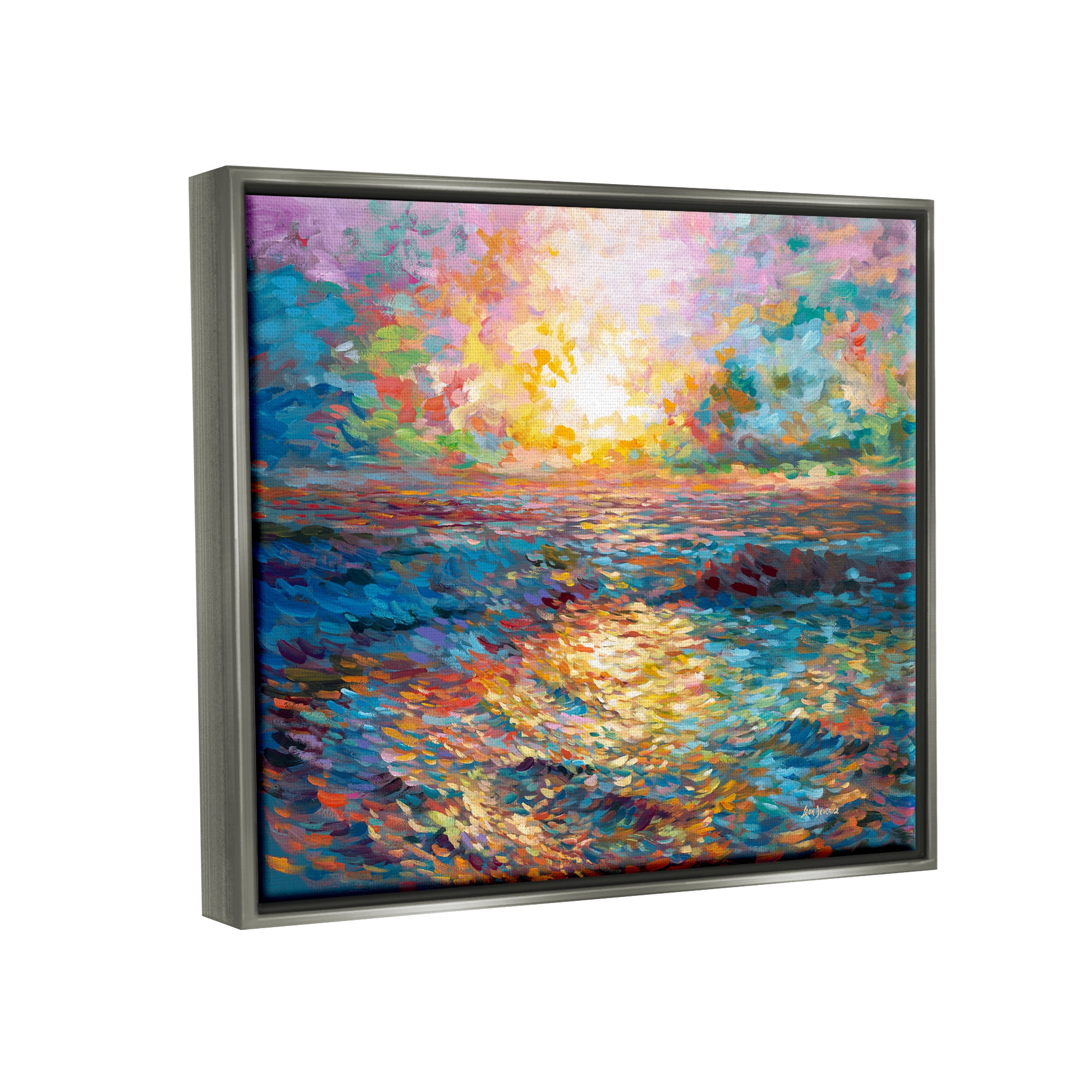Stupell Industries Sunset in Mykonos Beach Landscape Painting Gray Floater Framed Canvas Art Print Wall Art, 31 x 25