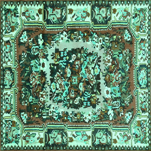 Ahgly Company Machine Washable Indoor Square Persian Turquoise Blue Traditional Area Rugs, 4' Square