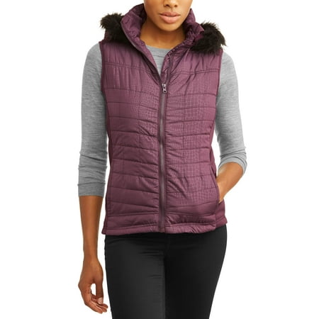 Womens Puffer Vest - Climate Concepts Women's Faux Fur Trim Fur Hooded Vest