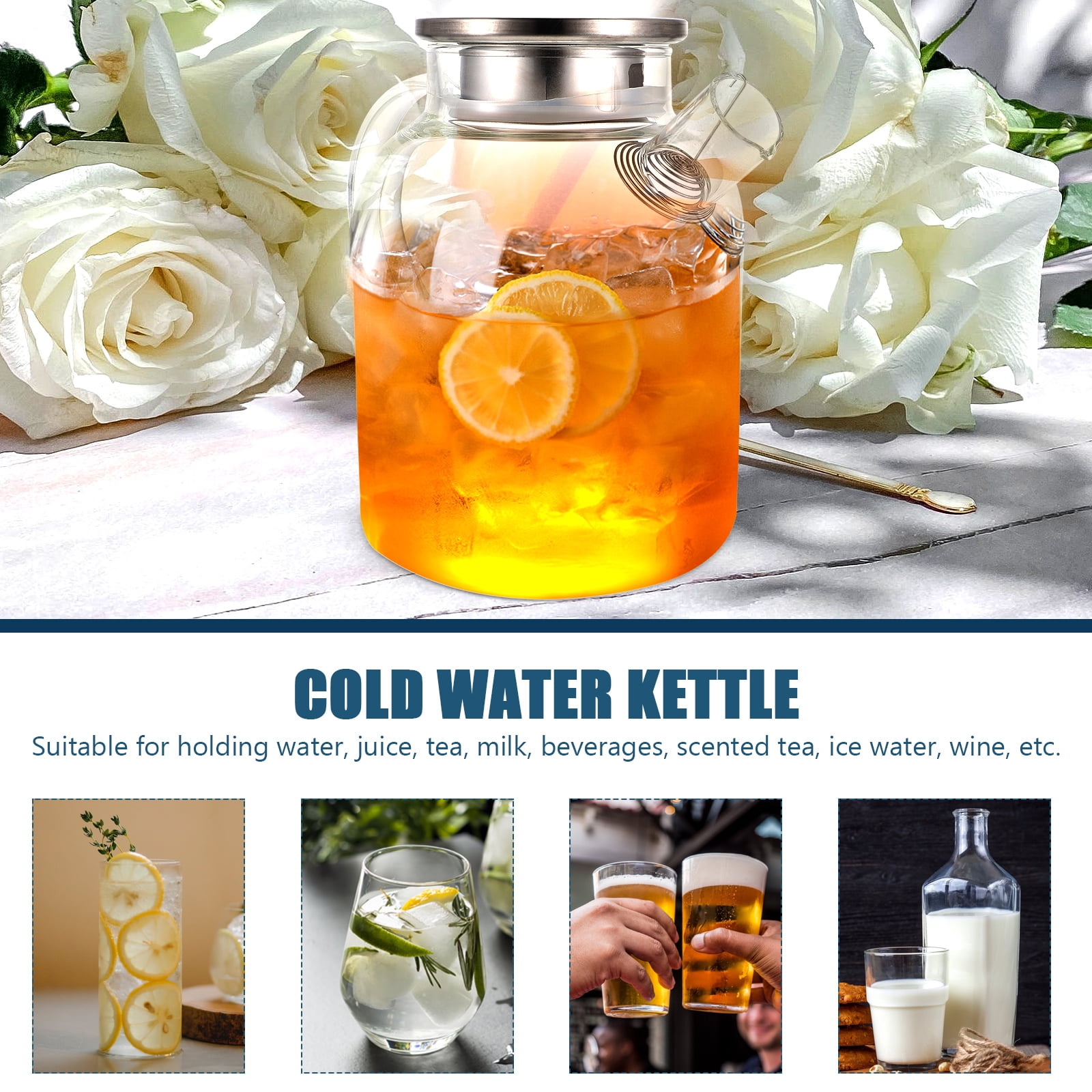 Glass Pitcher with Lid Filter Spout Cold Water Iced Tea Jug Clear Beverage Lemonade Dispenser for Home Restaurant 1.6L