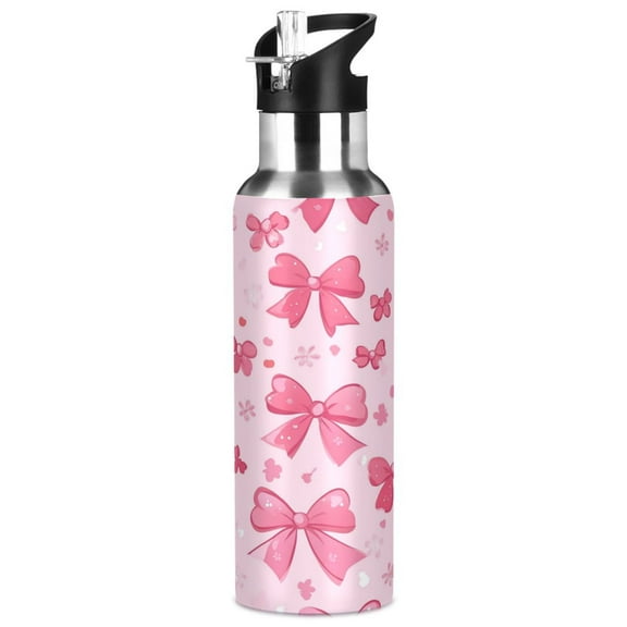 1000ml Vacuum Insulated Sports Water Bottle with Foldable Straw Stainless Steel Portable Thermos Cup Pink Cute Bows