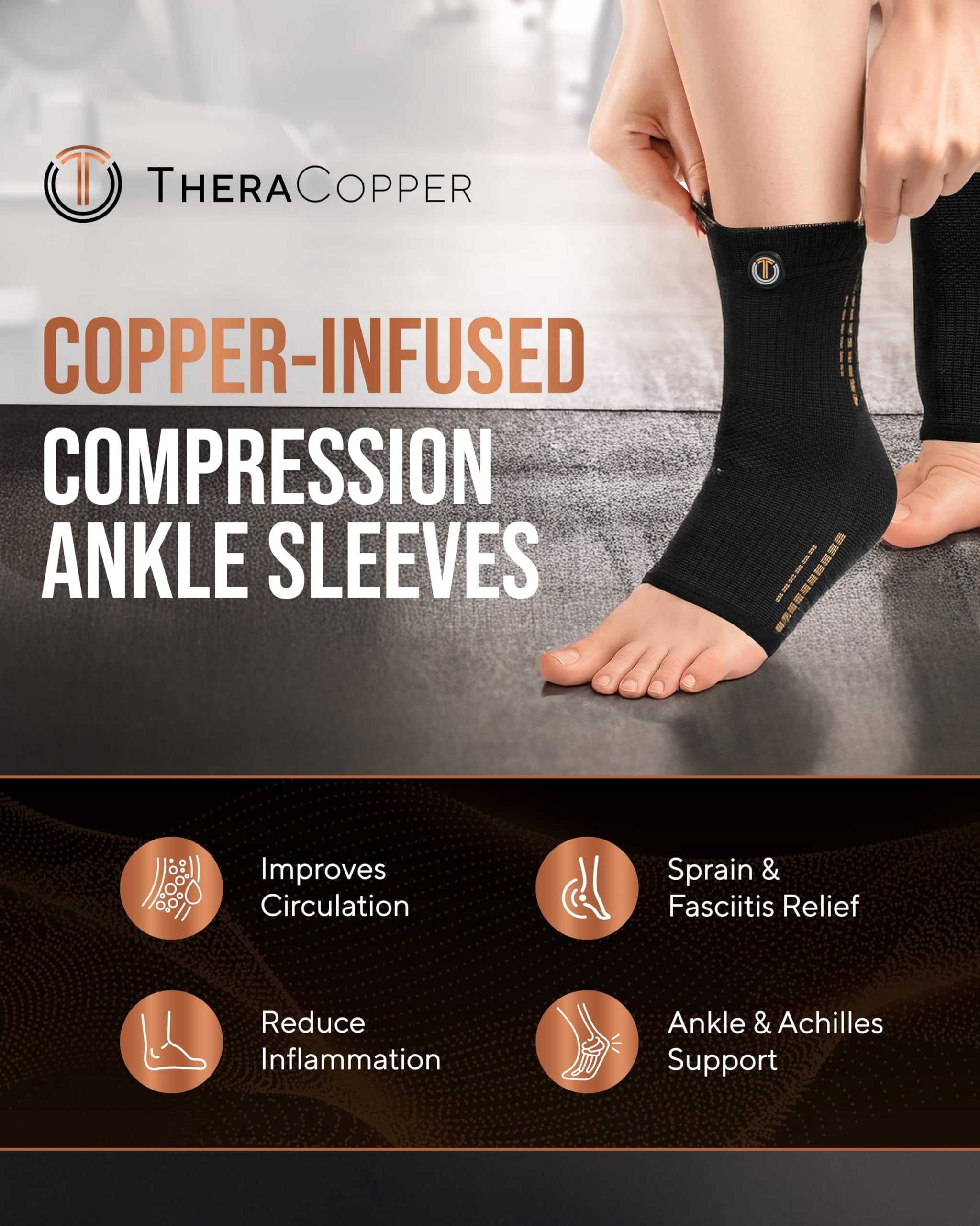 TheraCopper Copper Ankle Brace (2 Pack) — Compression Ankle Sleeves for Men & Women — Copper-Infused Fabric with Supportive Compression Fit for Daily Wear, Active Lifestyle, Fitness & Training (XX-La