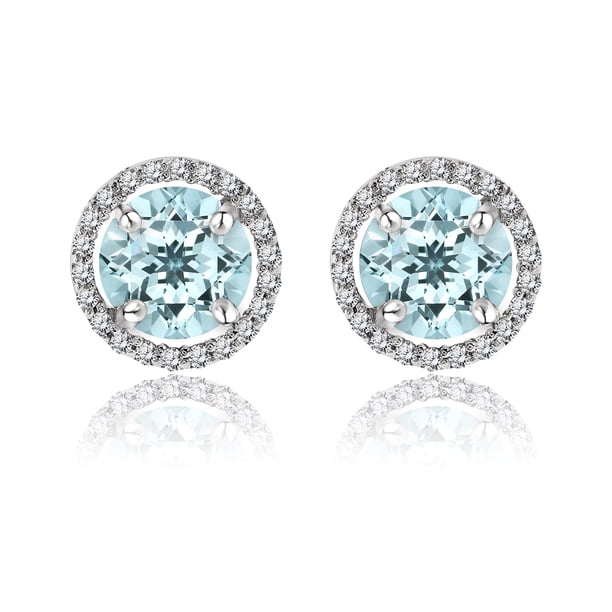 JeenMata Pendientes de Botón con Halo de Piedra Natal de Marzo de Aguamarina de Talla Redonda de 1,25 Quilates en Oro Blanco de 18 K sobre Plata