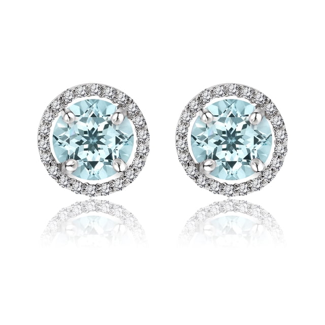 JeenMata Pendientes de Botón con Halo de Piedra Natal de Marzo de Aguamarina de Talla Redonda de 1,25 Quilates en Oro Blanco de 18 K sobre Plata